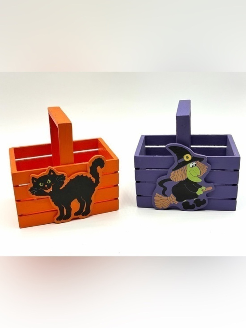 Vintage 90s Halloween Wooden Basket Black Cat Witch Primitive Decor